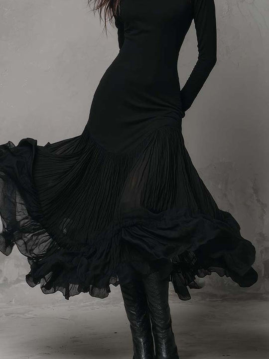 Black Pleated Hem Maxi Dress