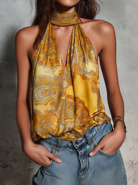 Golden Baroque Print Halter Satin Scarf-Neck Sleeveless Blouse