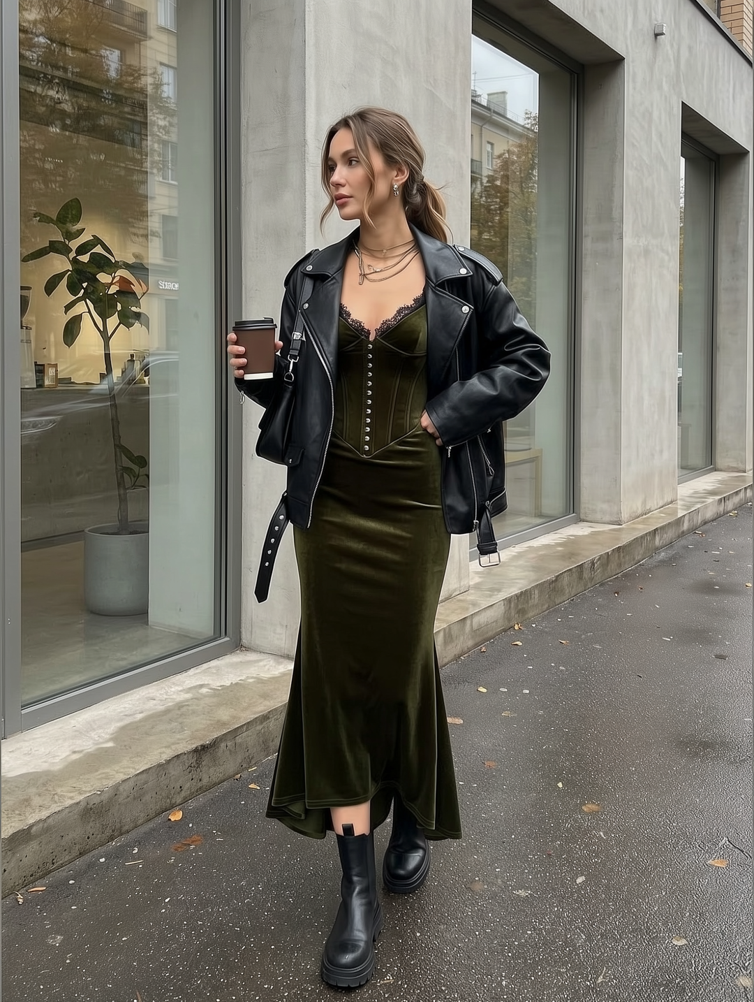 Women's Olive Green Velvet Corset Mermaid Maxi Dress with Lace Trim