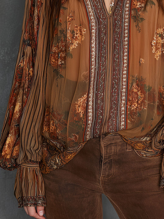 Vintage Boho Sheer Floral Blouse With Billowy Sleeves