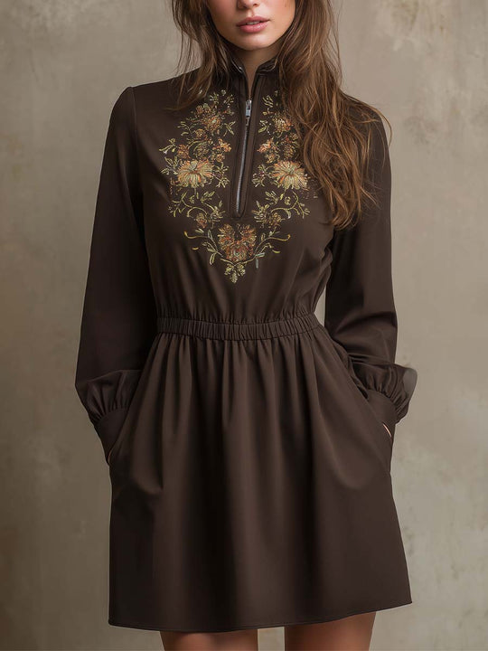 Embroidered Zip-Neck Long Sleeve Mini Dress