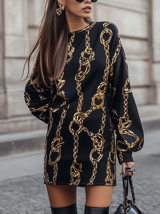 Trendy Black and Gold Chain - Print Oversized Mini Dress