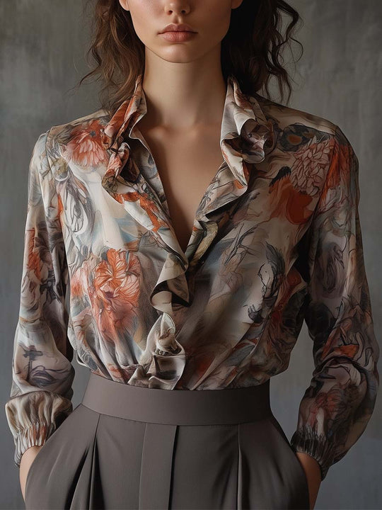 Elegant Floral Ruffle Blouse in Silk Finish