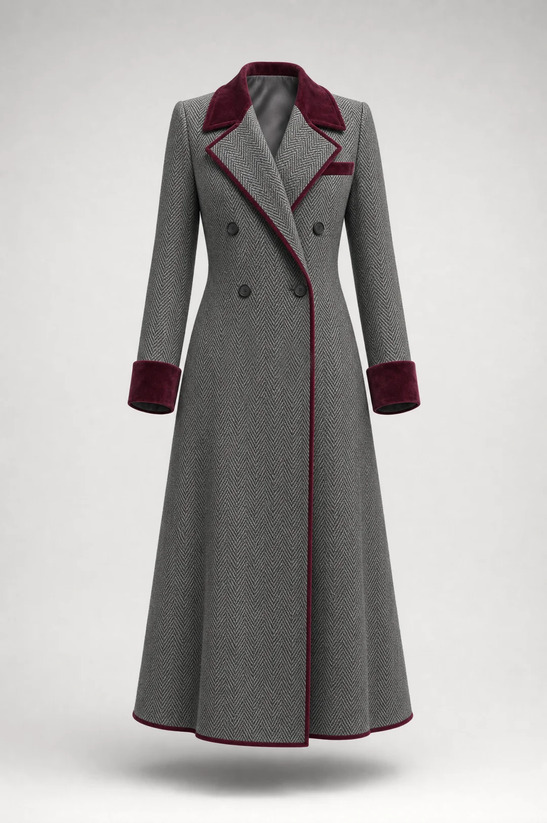 Elegant Herringbone Wool Long Coat with Velvet Trim
