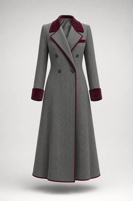 Elegant Herringbone Wool Long Coat with Velvet Trim