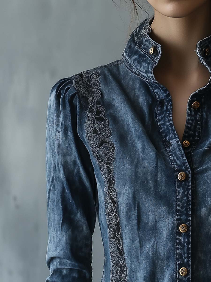 Women's Vintage Mottled Lace Denim Shirt