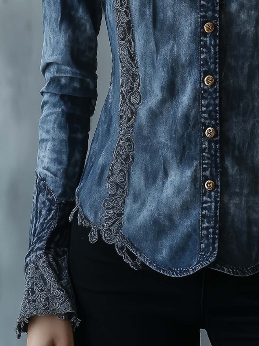 Women's Vintage Mottled Lace Denim Shirt