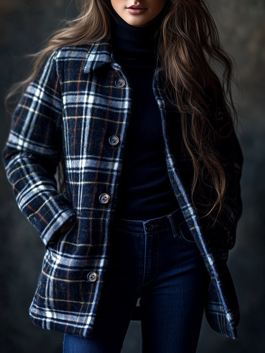 Women's Everyday Plaid Pattern Button Down Woolen Coat