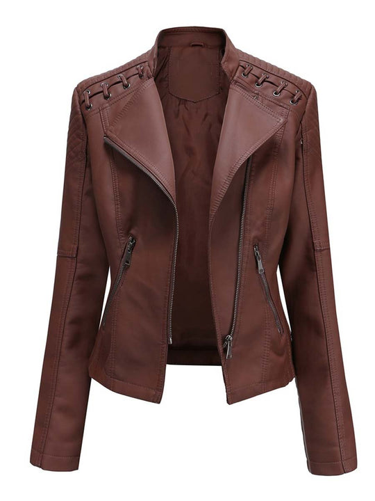 Vintage Cropped Slim Fit Leather Biker Jacket