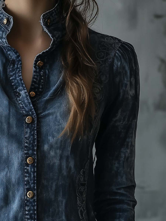 Women's Vintage Mottled Lace Denim Shirt