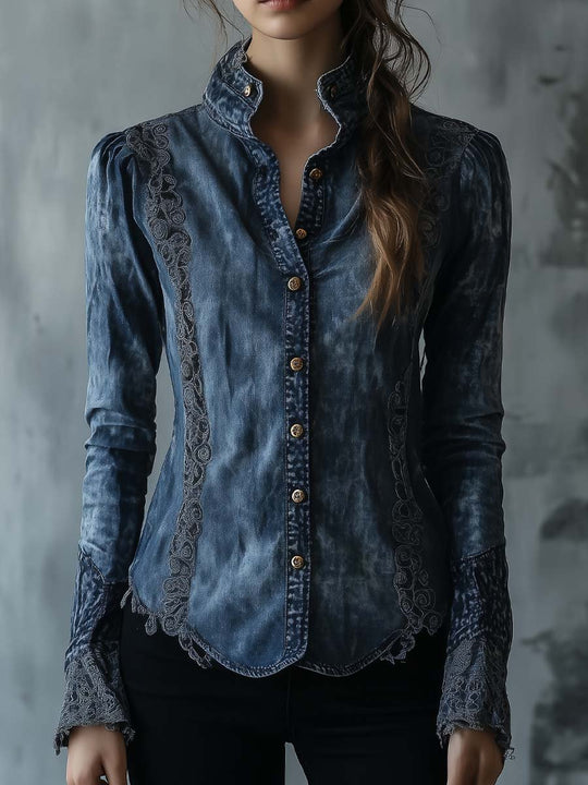 Women's Vintage Mottled Lace Denim Shirt