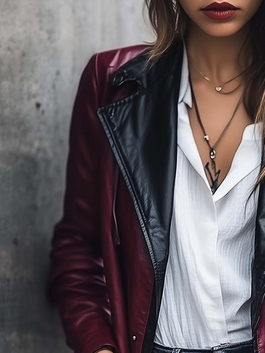 Women's Vintage Contrast Long Leather Jacket