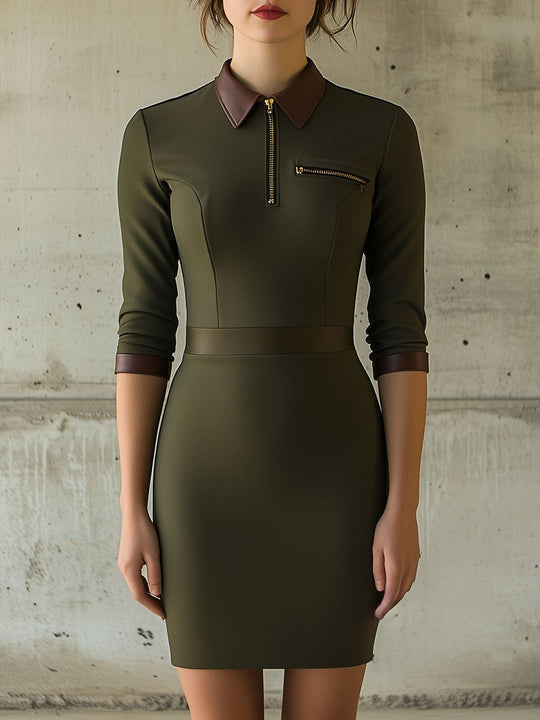 Retro Lapel Leather Trim Three-quater Sleeve Bodycon Dress