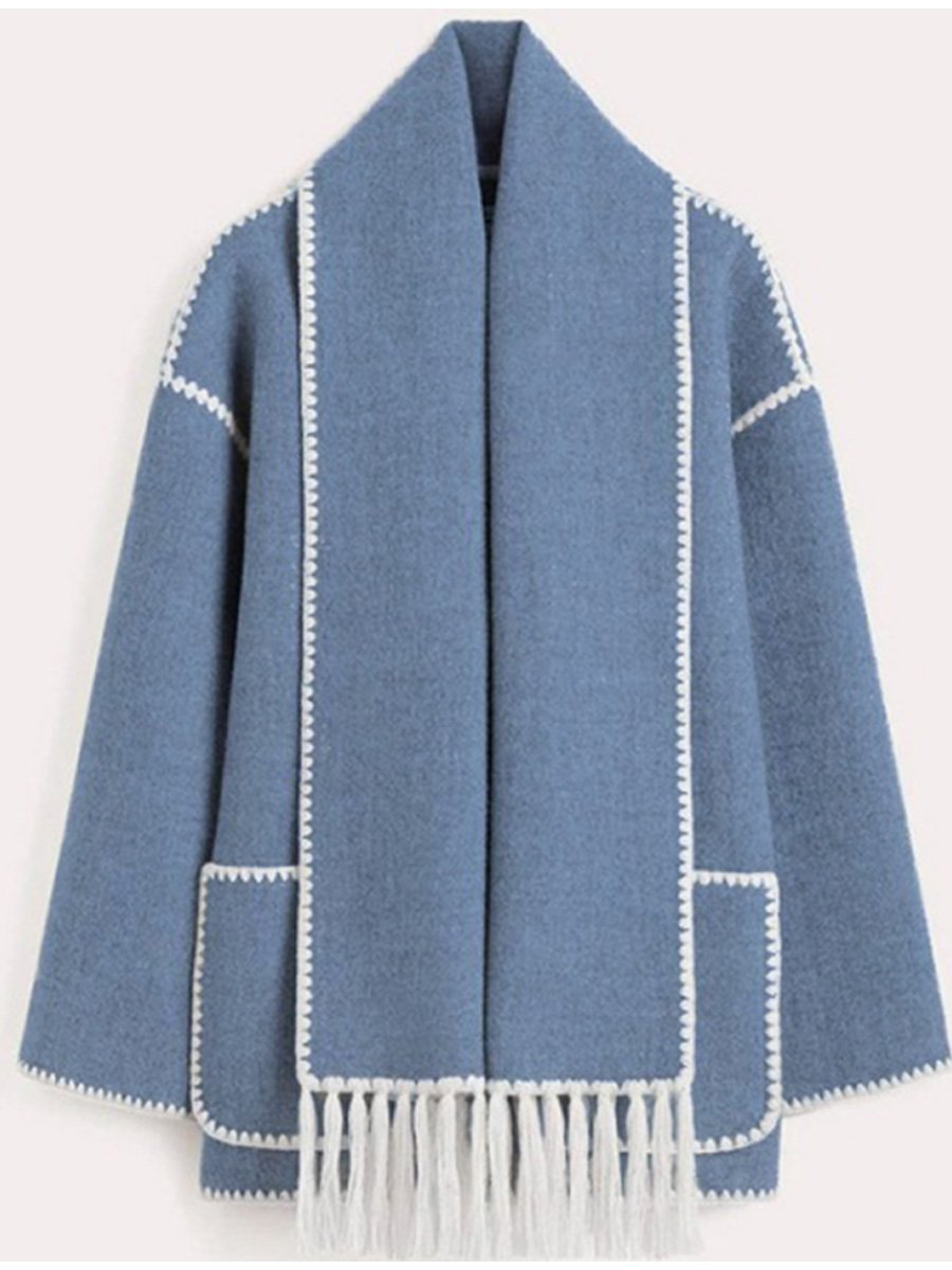 Fashionable Thickened Loose Scarf Tassel Woolen Coat