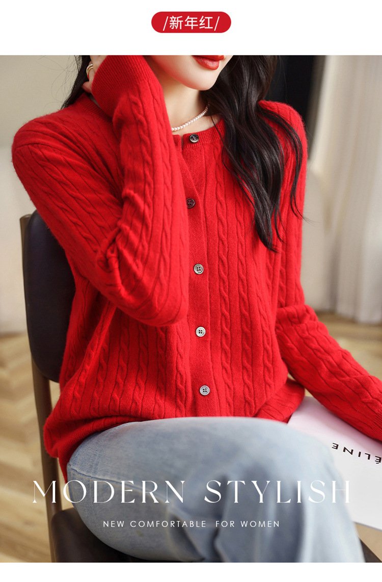 Fashion Round Neck Slim Fit Cable Knit Cardigan