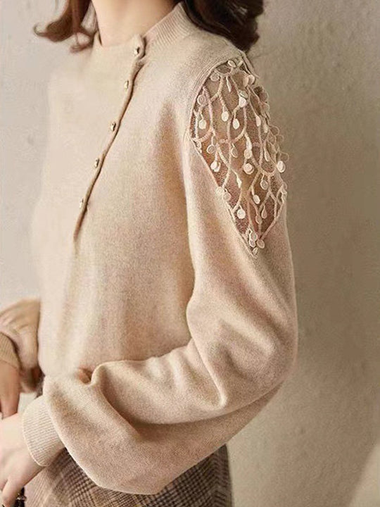 Elegant Metal Buttoned Mesh Lace Wool Sweater