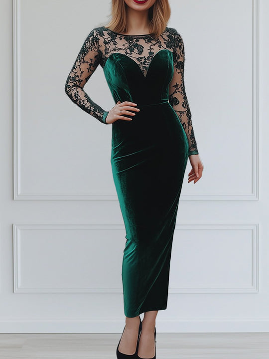 Elegant Retro Velvet Stitching Lace Slim Maxi Dress