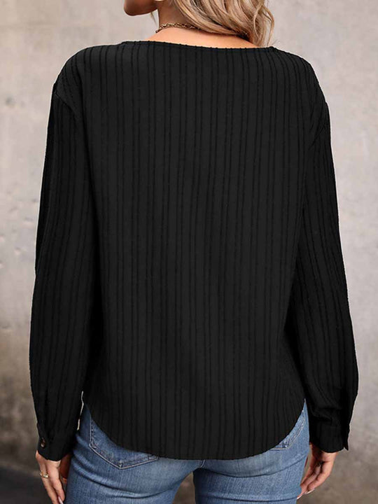 Contrast Button V-Neck Textured Long Sleeve Top