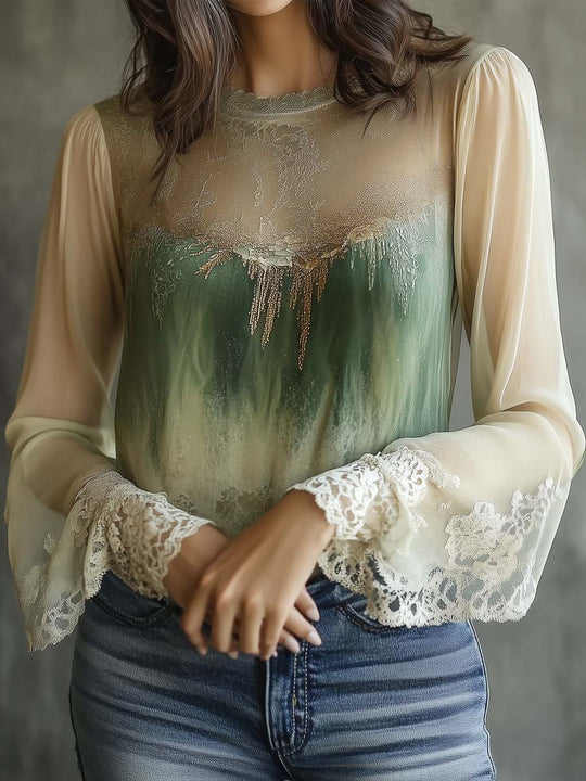 Fluid Painting Lace Sheer Sleeves Blouse