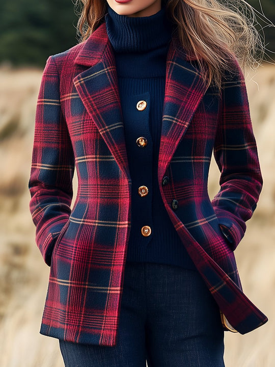 Retro Suit Collar Plaid Pattern Woolen Jacket