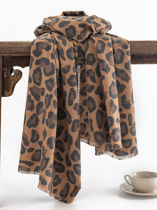 Leopard Print Soft Warm Cashmere Scarf Shawl Dual Purpose