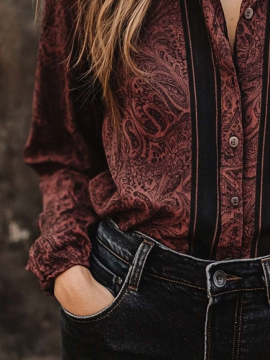 Women's Vintage Long Sleeve Paisley Stripe Shirt