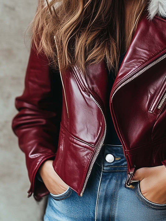 Women's Vintage Fur Collar Zipper Leather Jacket