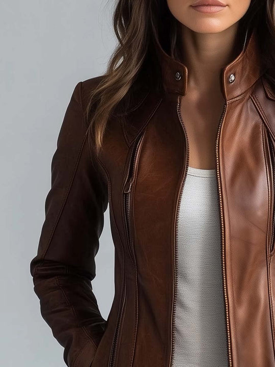 Women's Stand Collar Vintage Leather Jacket