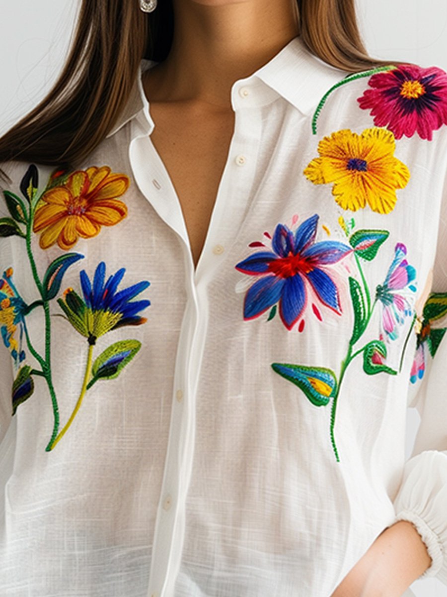 White Embroidered Cotton and Linen Long Sleeve Blouse