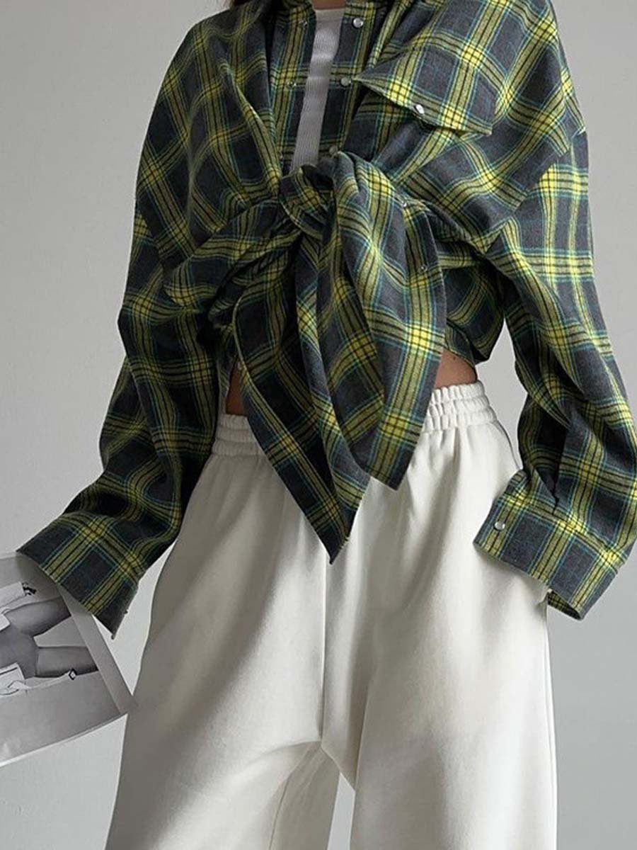 Women's Retro Loose Plaid Long Sleeve Shirt