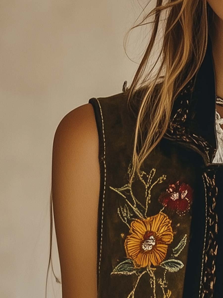 Vintage Contrast Trim Flower Embroidered Suede Vest