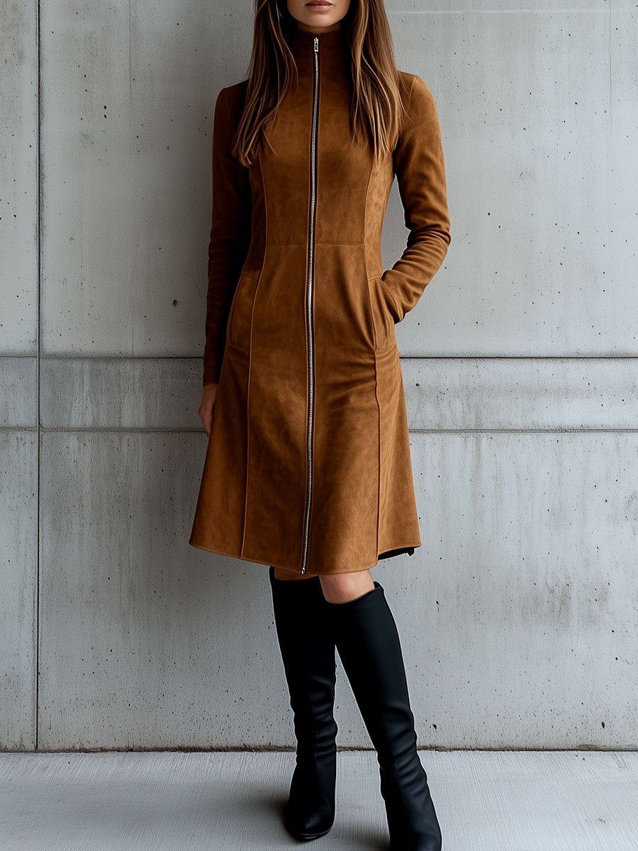 Elegant Stand Collar Zipper-up Long Sleeve Suede Dress