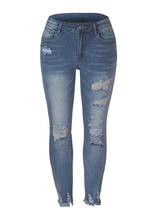 Washed Distressed Fringe Slim-fit High-stretch Jeans