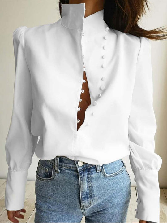 Women's Stand Collar Multi-button Long Sleeve Shirt