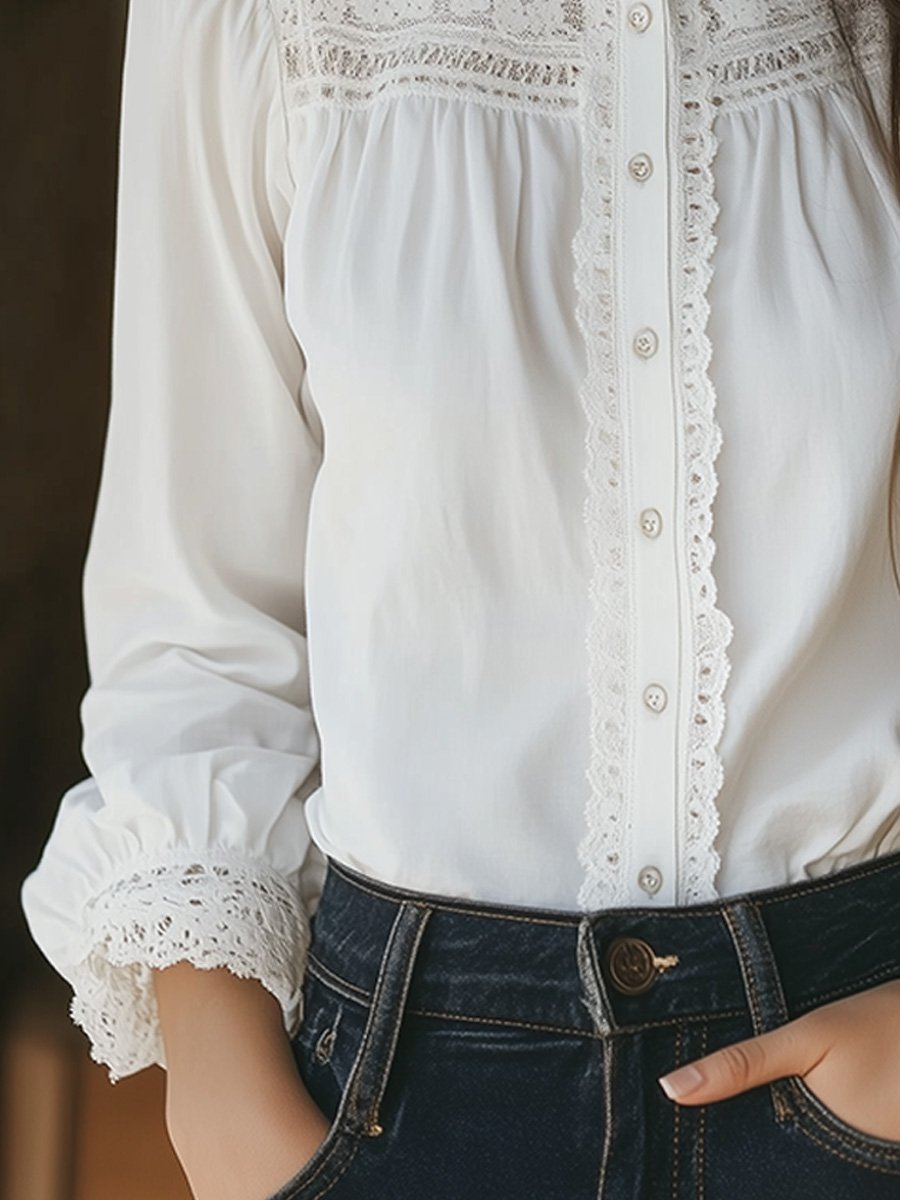 White Casual Cotton Lace Long Sleeve Shirt