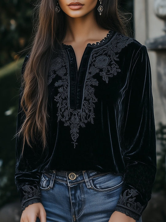 Chic Lace Trim V-neck Embroidery Velvet Top