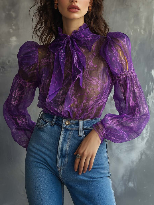 Royal Radiance Sheer Purple Bow-Tie Blouse