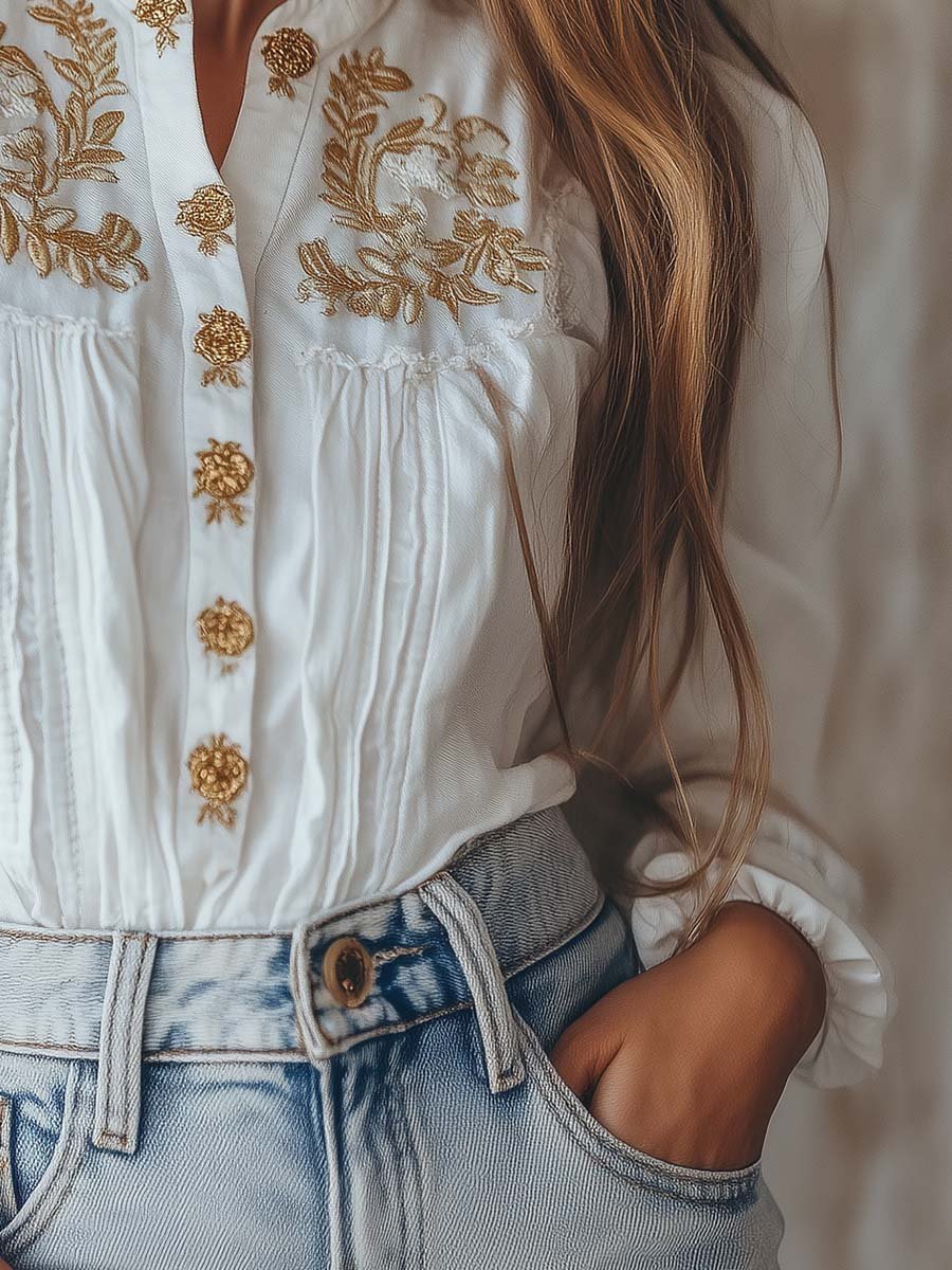 Women's Gold Embroidered Cotton Long-sleeved Blouse