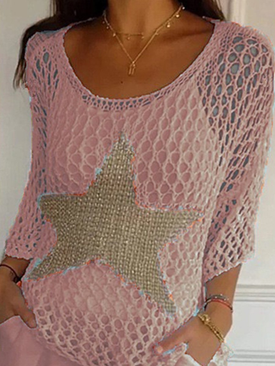 Five-pointed Star Round Neck Three-quarter Sleeve Sweater