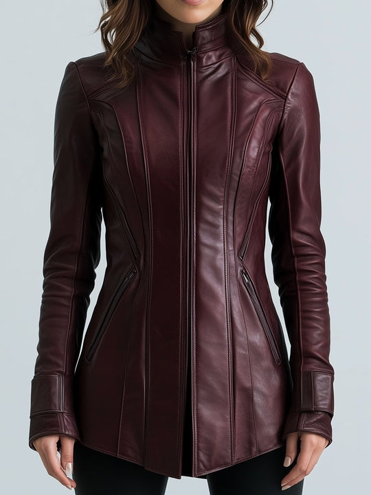 Stylish Waist-cinched Zipper Pockets Leaterh Coat