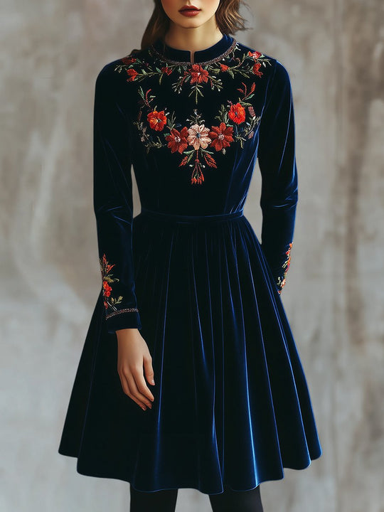 Chic Stand Collar Embroidery A-line Velvet Dress