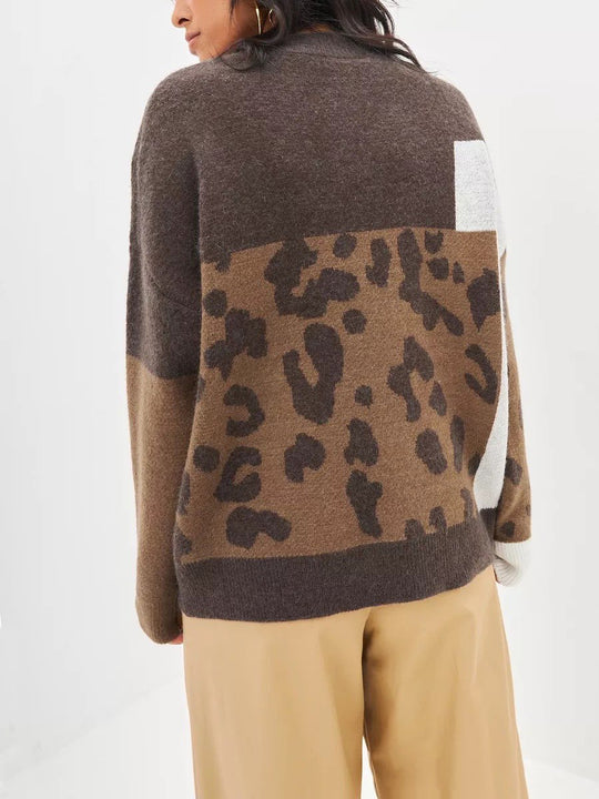 Fashionable Retro Loose-Fit Leopard Print Pullover Knit Sweater