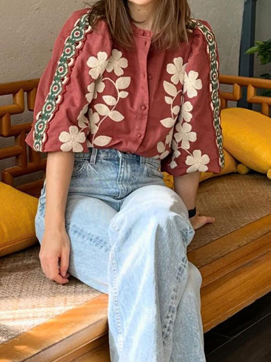 Vintage Embroidery Elegant Round Neck Puff Sleeve Shirt