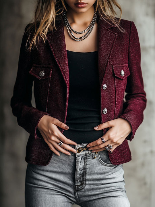 Chic Suit Collar Single-breasted Burgundy Jacket