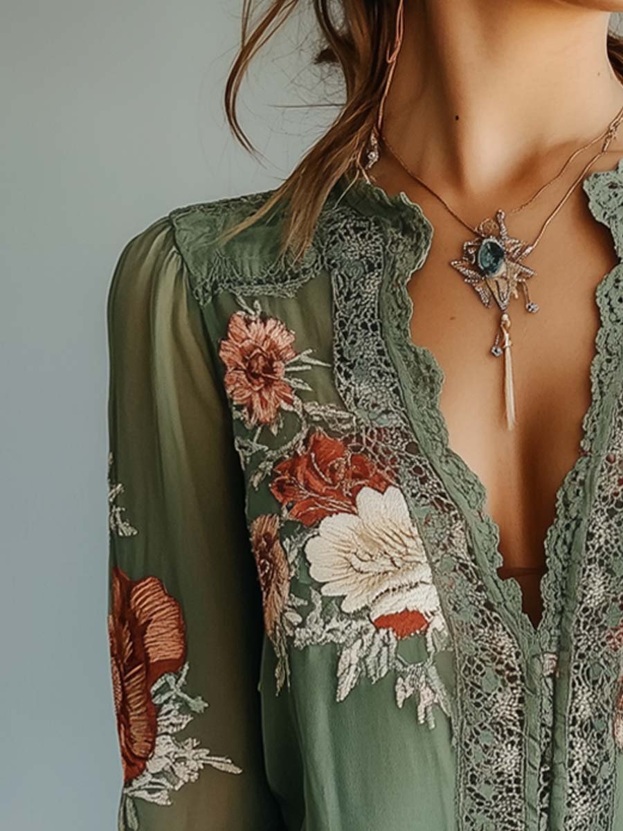 Bohemian Floral Printed Lace Blouse