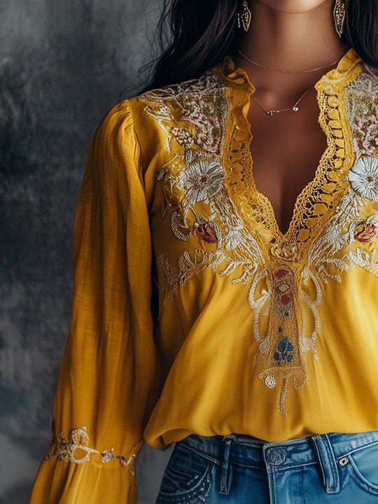 Sunshine Elegance Embroidered Mustard Blouse