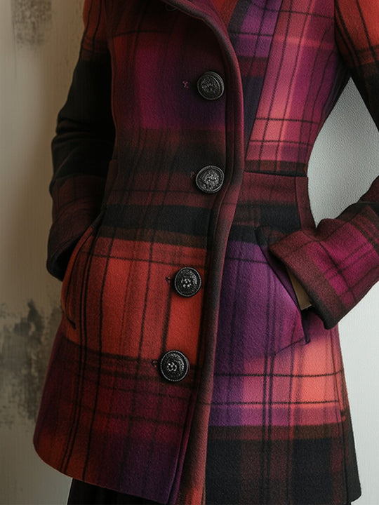 Retro Fur Collar Plaid Wool Slim Mid-length Coat