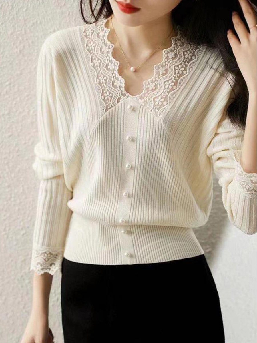 V-neck Lace Slim-fit Long-sleeved Sweater