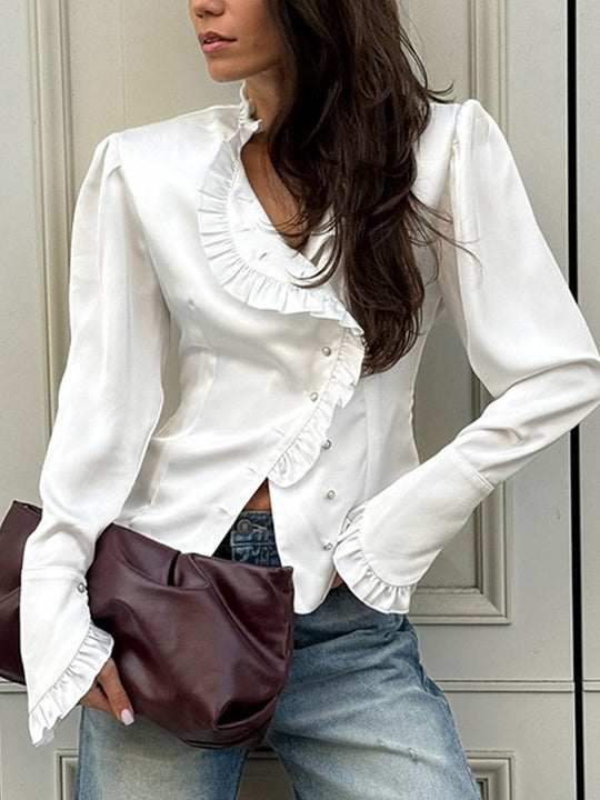 White Fashion Ruffle Long Sleeve Cardigan