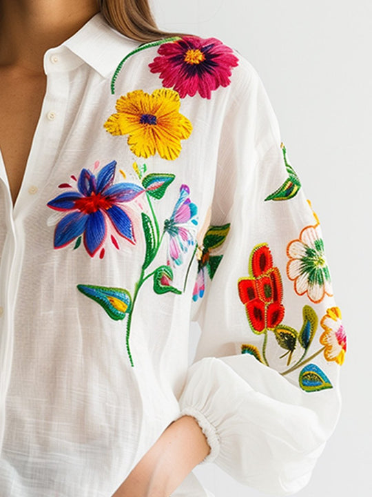 White Embroidered Cotton and Linen Long Sleeve Blouse